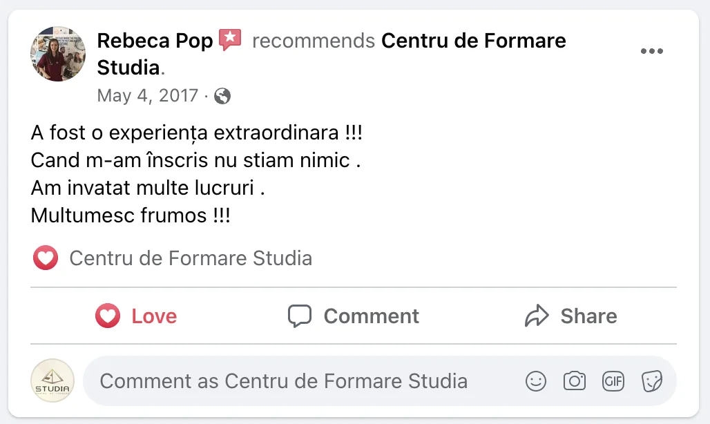 Recenzie cursantă Studia 15